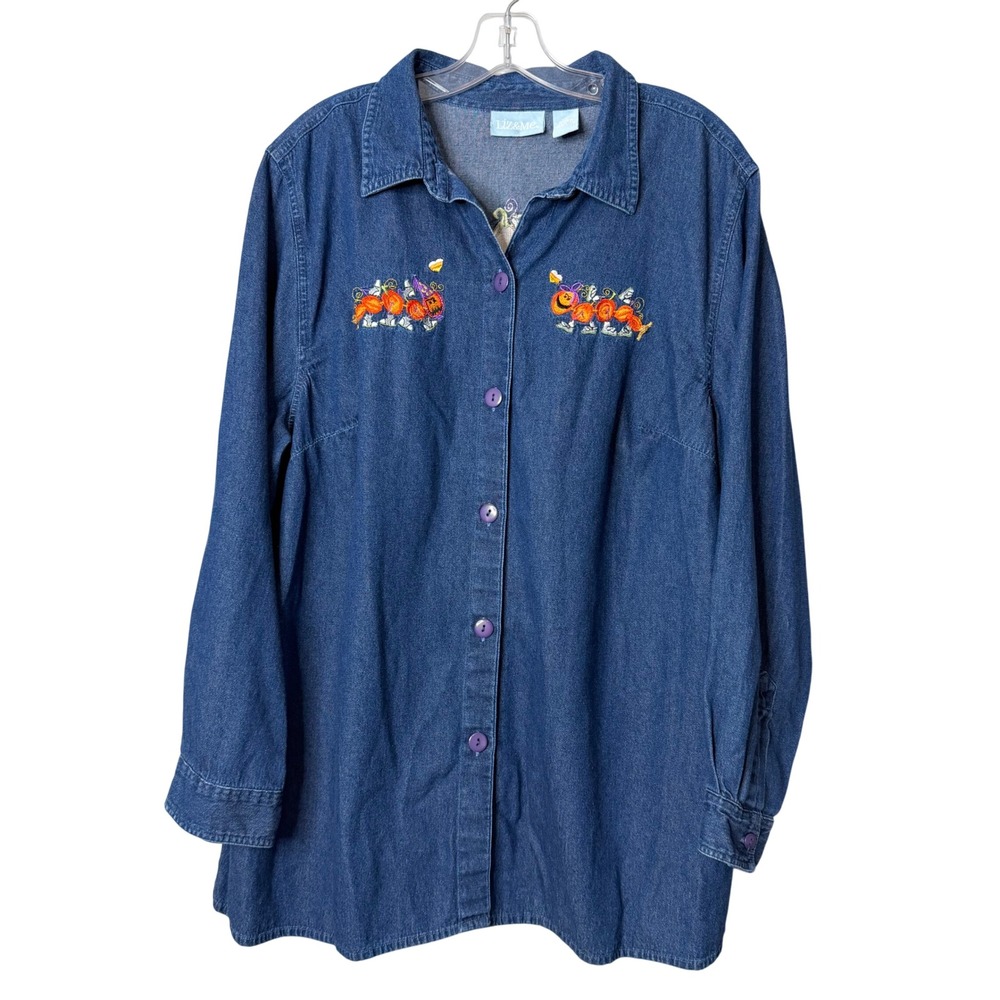 Liz & Me Denim Shirt Women 1X Blue Halloween Pumpkin Embroidered Button Down